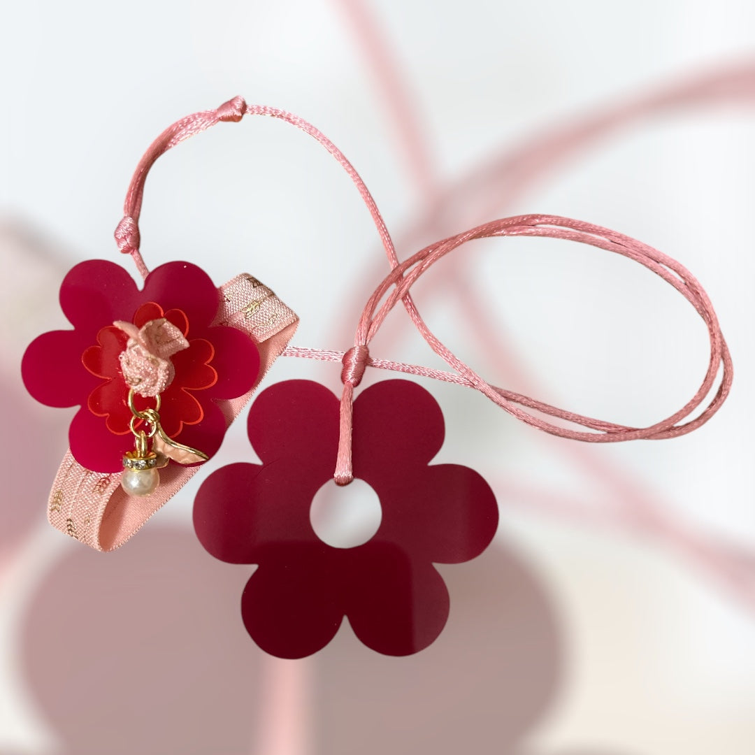 Conjunto pulsera collar flor fucshia