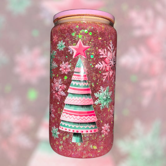 Vaso cristal snow globe 16oz "Sparkle pink"